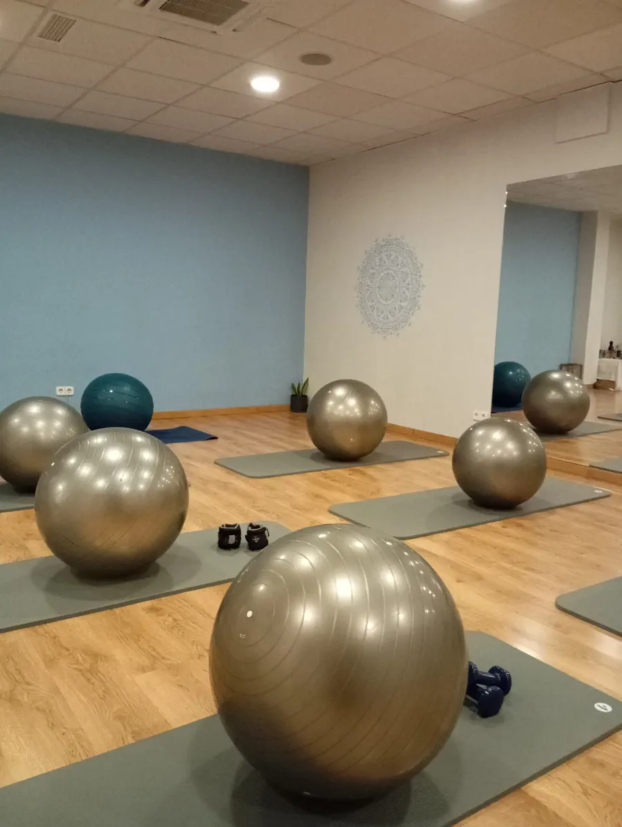 Sala de pilates de Nidhan con pelotas suizas y esterillas